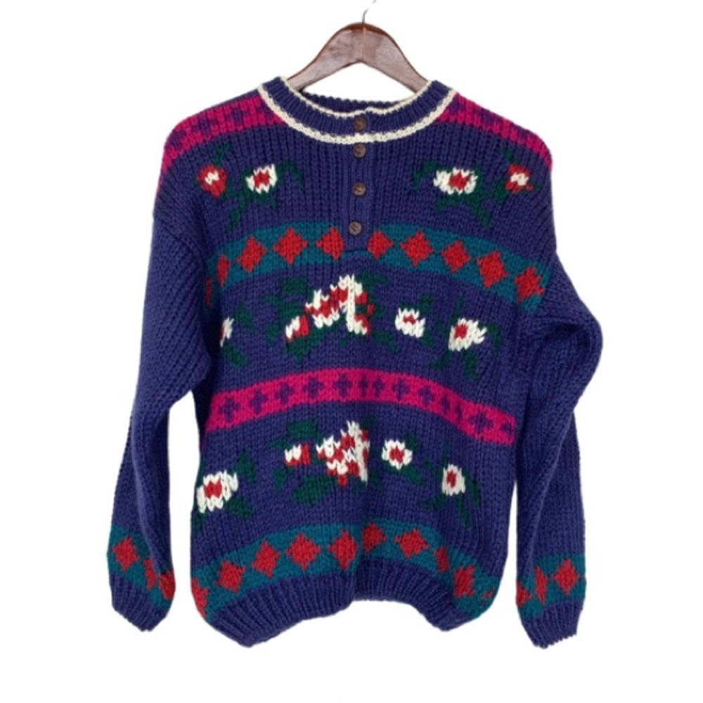 Unique Vintage Deadstock Ivy Wear Chunky Knit Flower Purple Grandma Sweater